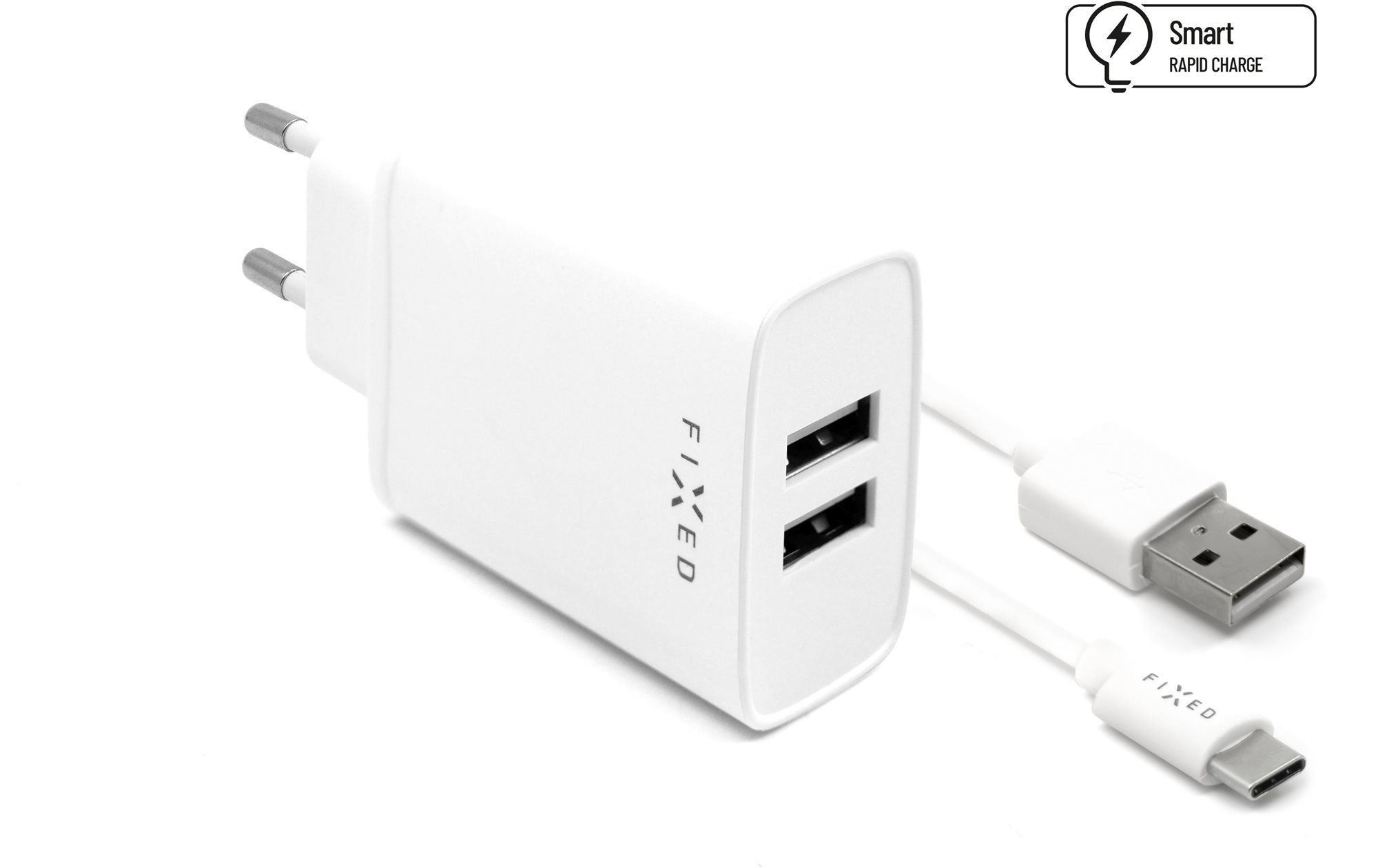 Hálózati adapter FIXED Smart Rapid Charge 15 W 2 x USB kimenettel és USB/USB-C kábellel 1 m fehér
