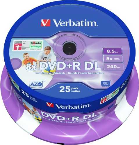 Média Verbatim DVD + R 8x kétrétegű nyomtatható 25ks cakebox