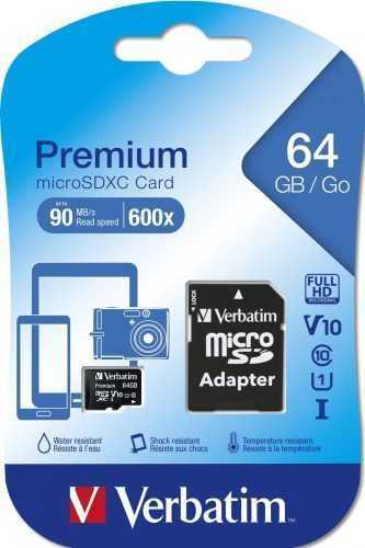 Memóriakártya VERBATIM Premium microSDXC 64GB UHS-I V10 U1 + SD adapter