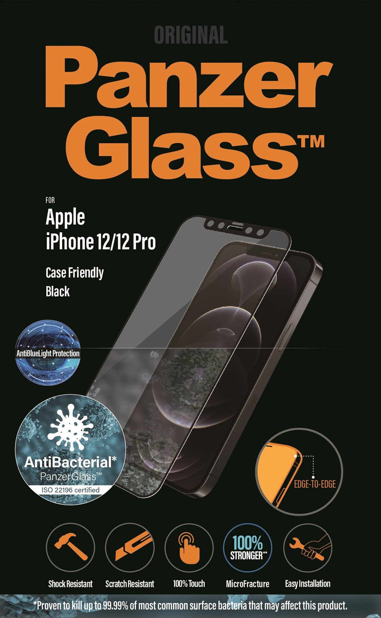 Üvegfólia PanzerGlass Edge-to-Edge Antibacterial Apple iPhone 12/12 Pro-hoz Anti-BlueLight réteggel