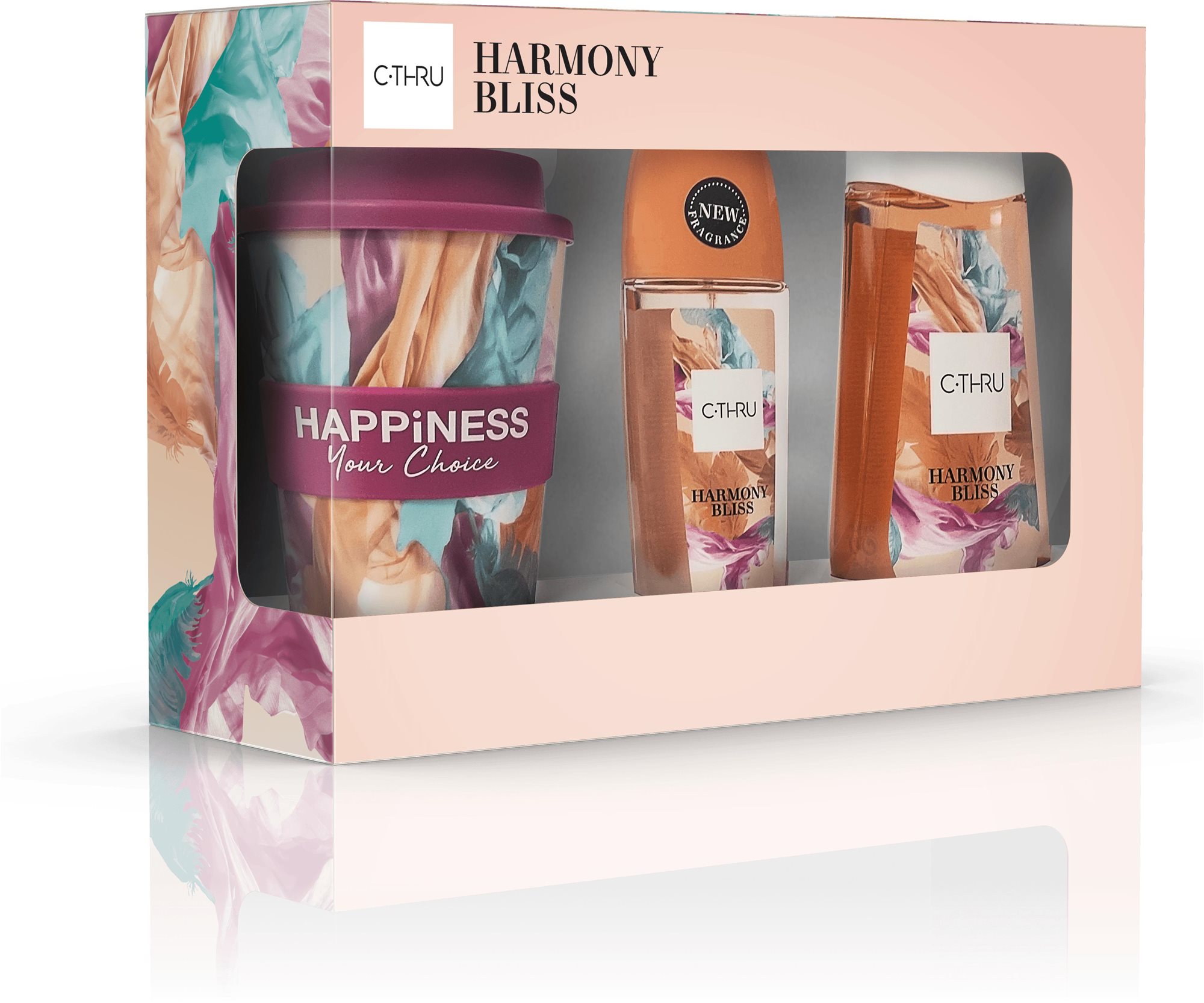 Kozmetikai ajándékcsomag C-THRU HARMONY BLISS Deo natural spray 75 ml + Tusfürdő zselé 250 ml + dizájnos utazóbögre