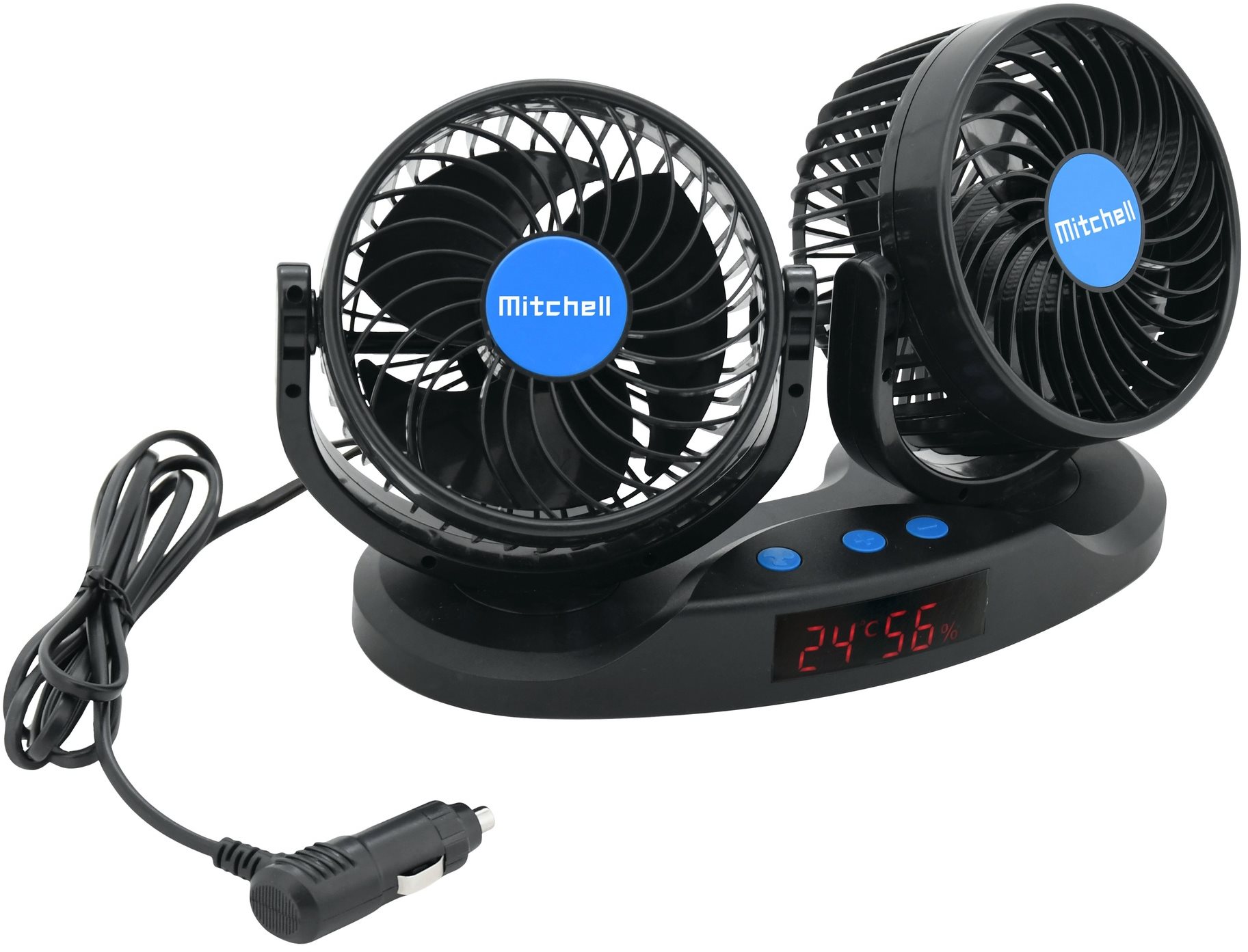 Autós ventilátor MITCHELL DUO 2x130mm 12V műszerfalra hőmérővel