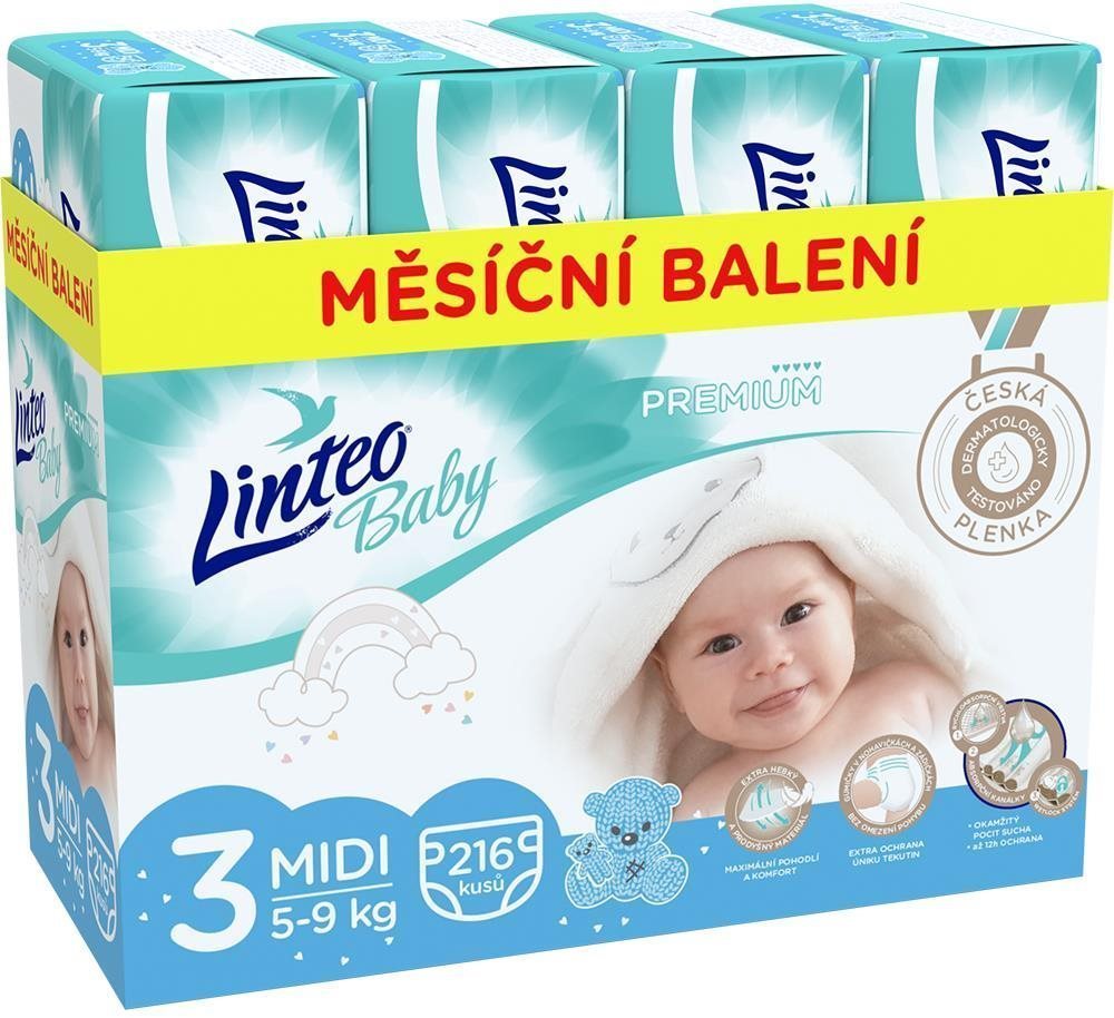 Eldobható pelenka LINTEO Baby Premium MIDI (5-9 kg) 216 db