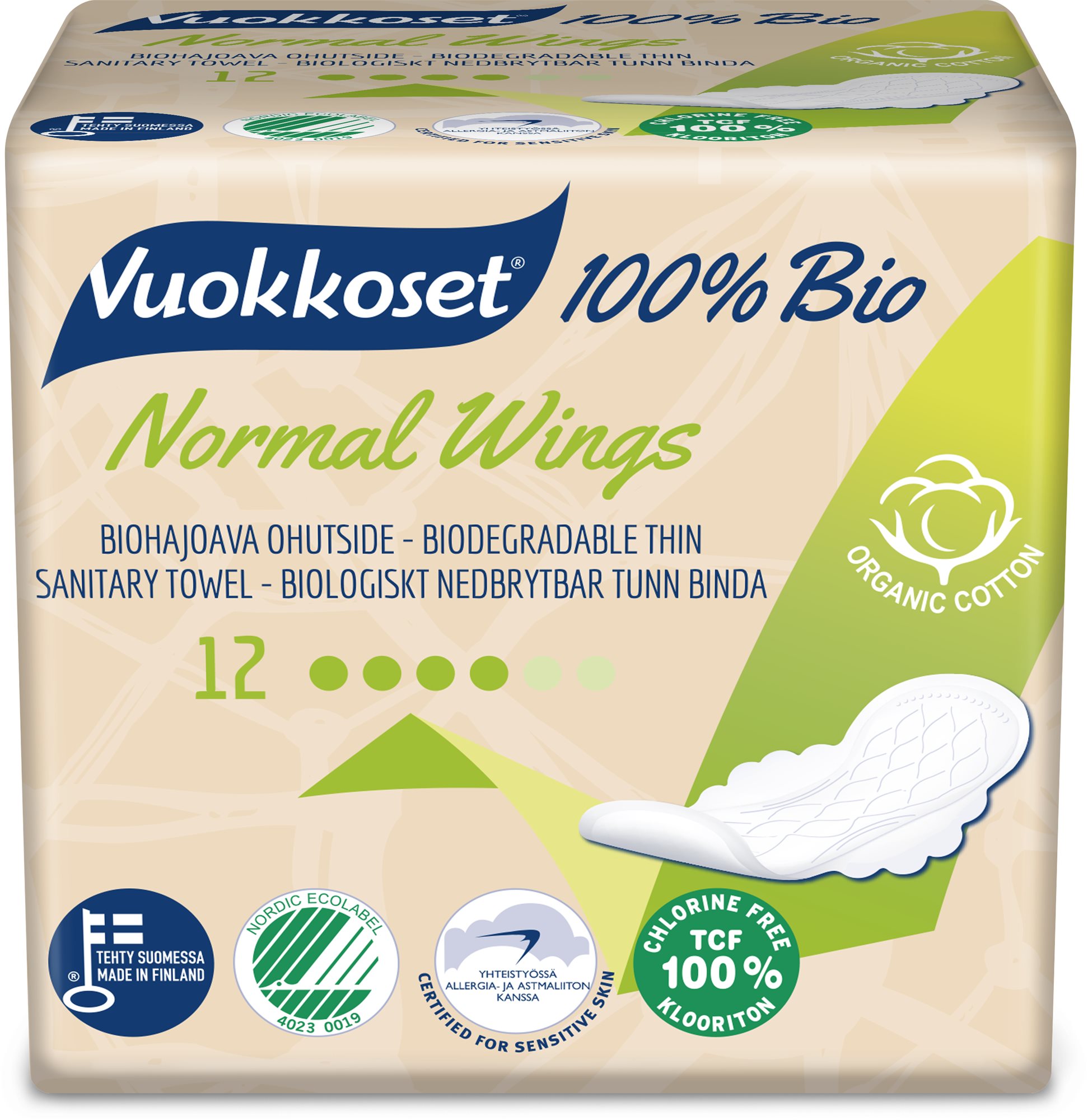 Egészségügyi betét VUOKKOSET 100% BIO Normal Wings thin 12 db