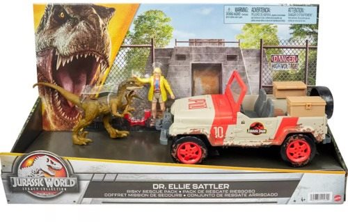 Figura Jurassic World Ellie Sattler autóval és dinoszaurusszal