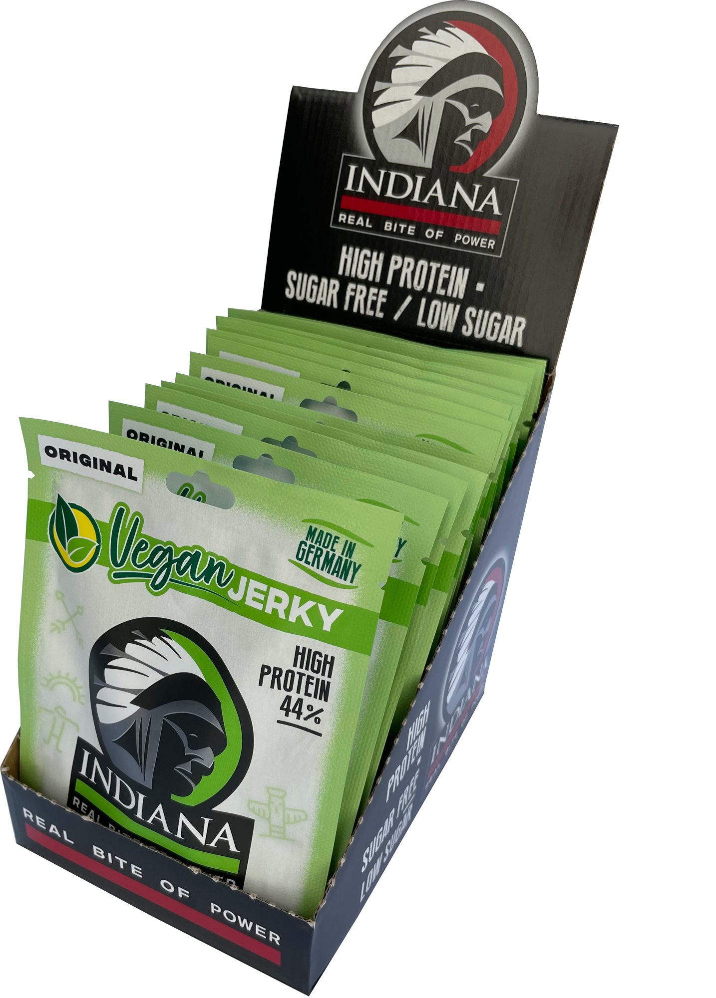 Szárított hús INDIANA Vegan Jerky Original 375 g - display