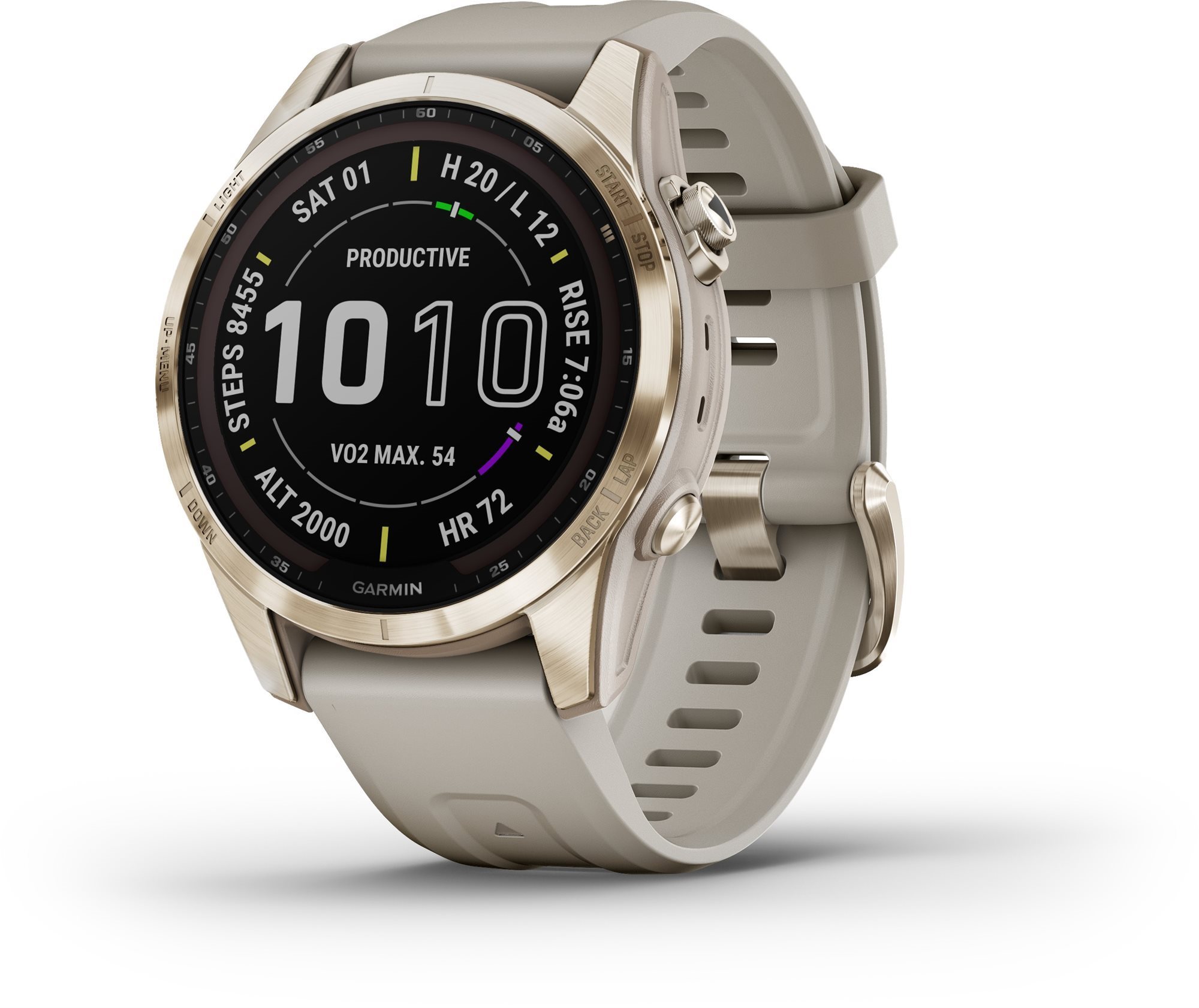 Okosóra Garmin Fenix 7S Sapphire Solar Cream Gold Titanium/Light Sand Band