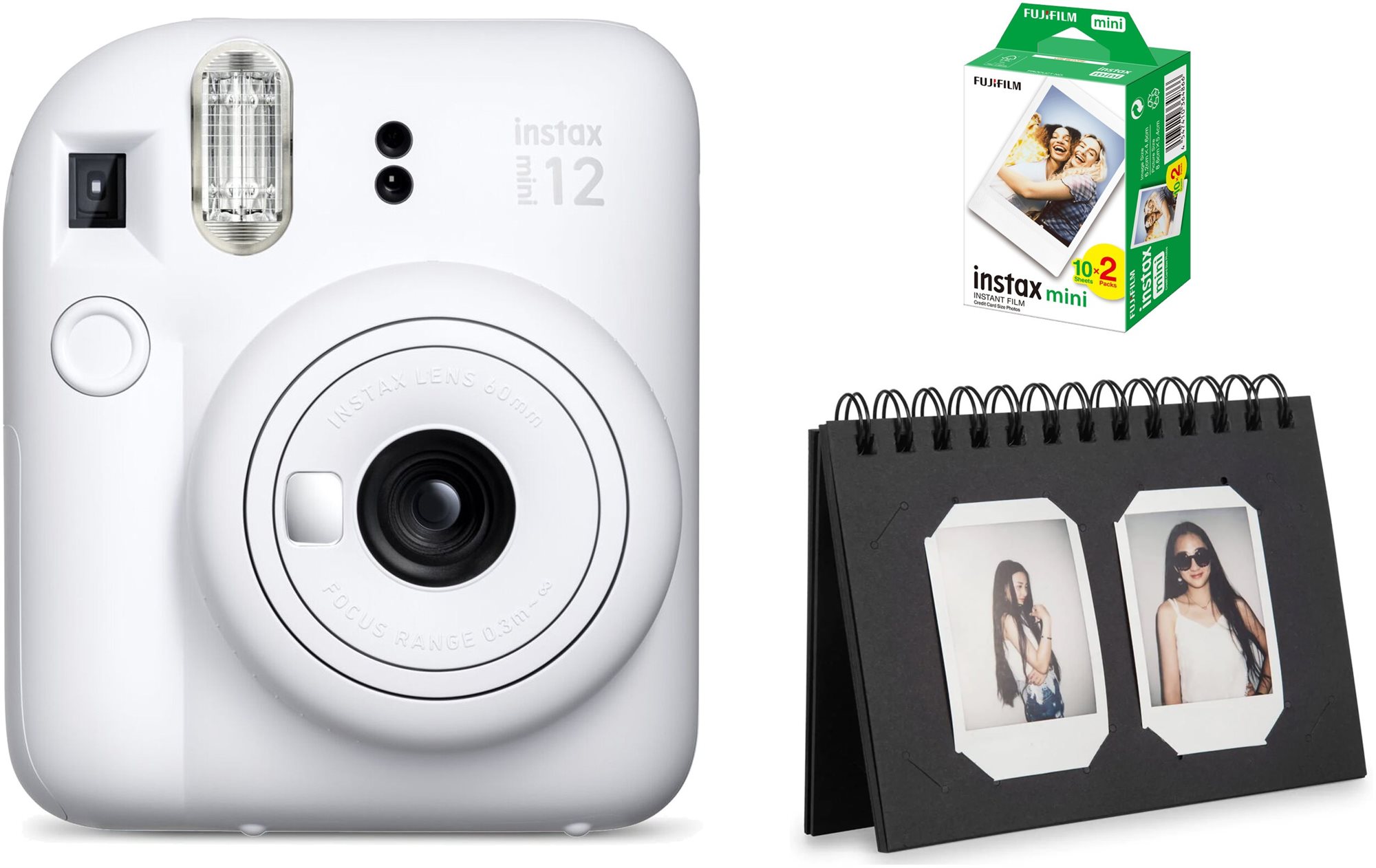 Instant fényképezőgép FujiFilm Instax Mini 12 Clay White + mini film 20 darab fotó + Instax asztali album 40 Black