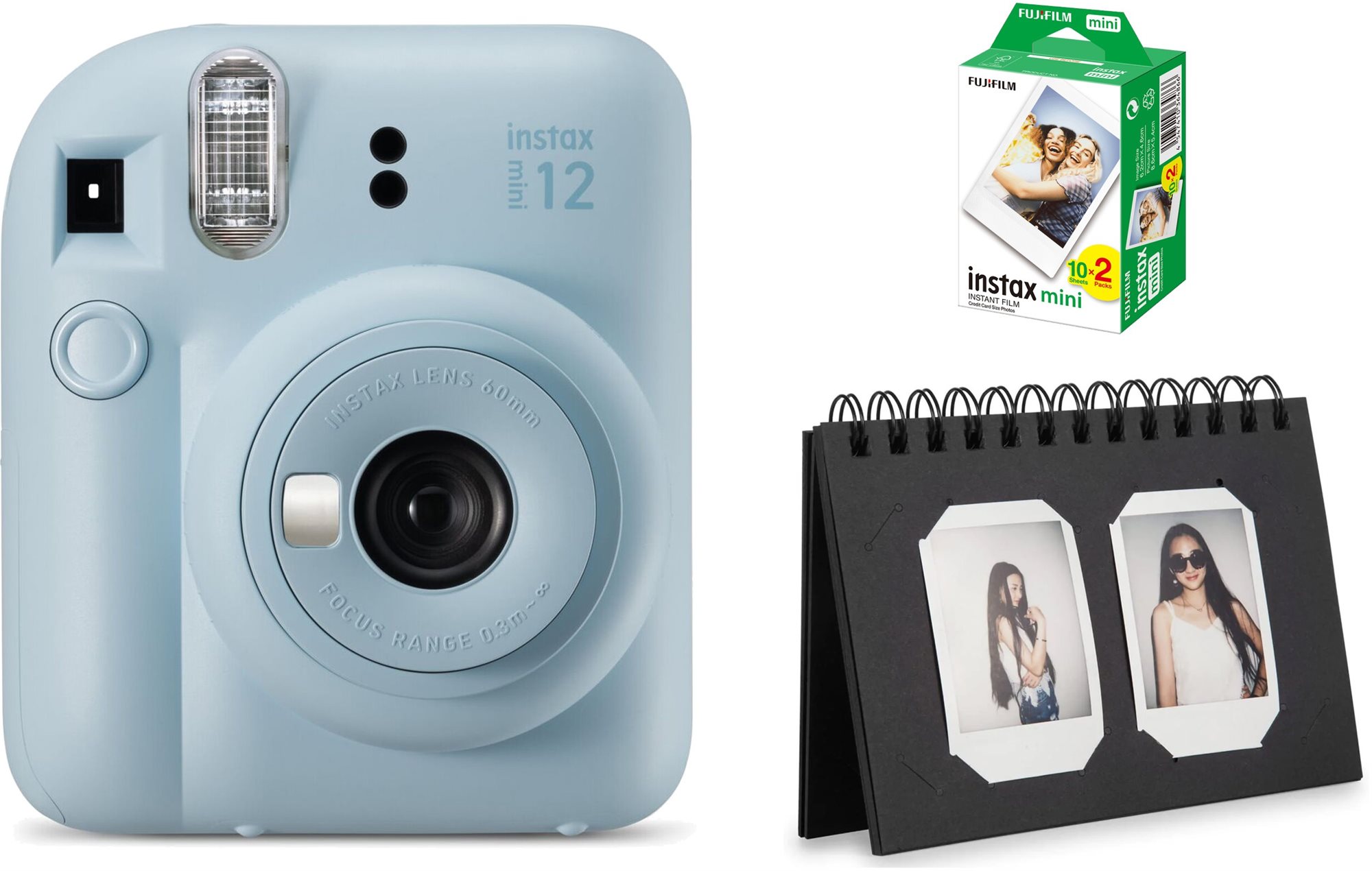 Instant fényképezőgép FujiFilm Instax Mini 12 Pastel Blue + 20 db fotó mini film + Instax Desk Album 40 Black